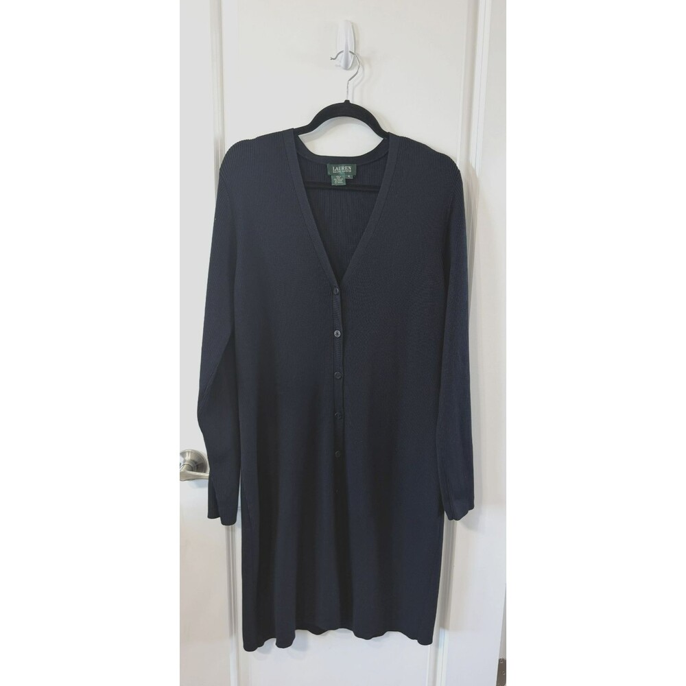 Lauren Ralph Lauren Cardigan Dress XL Black Silk Blend Ribbed VNeck Button Front